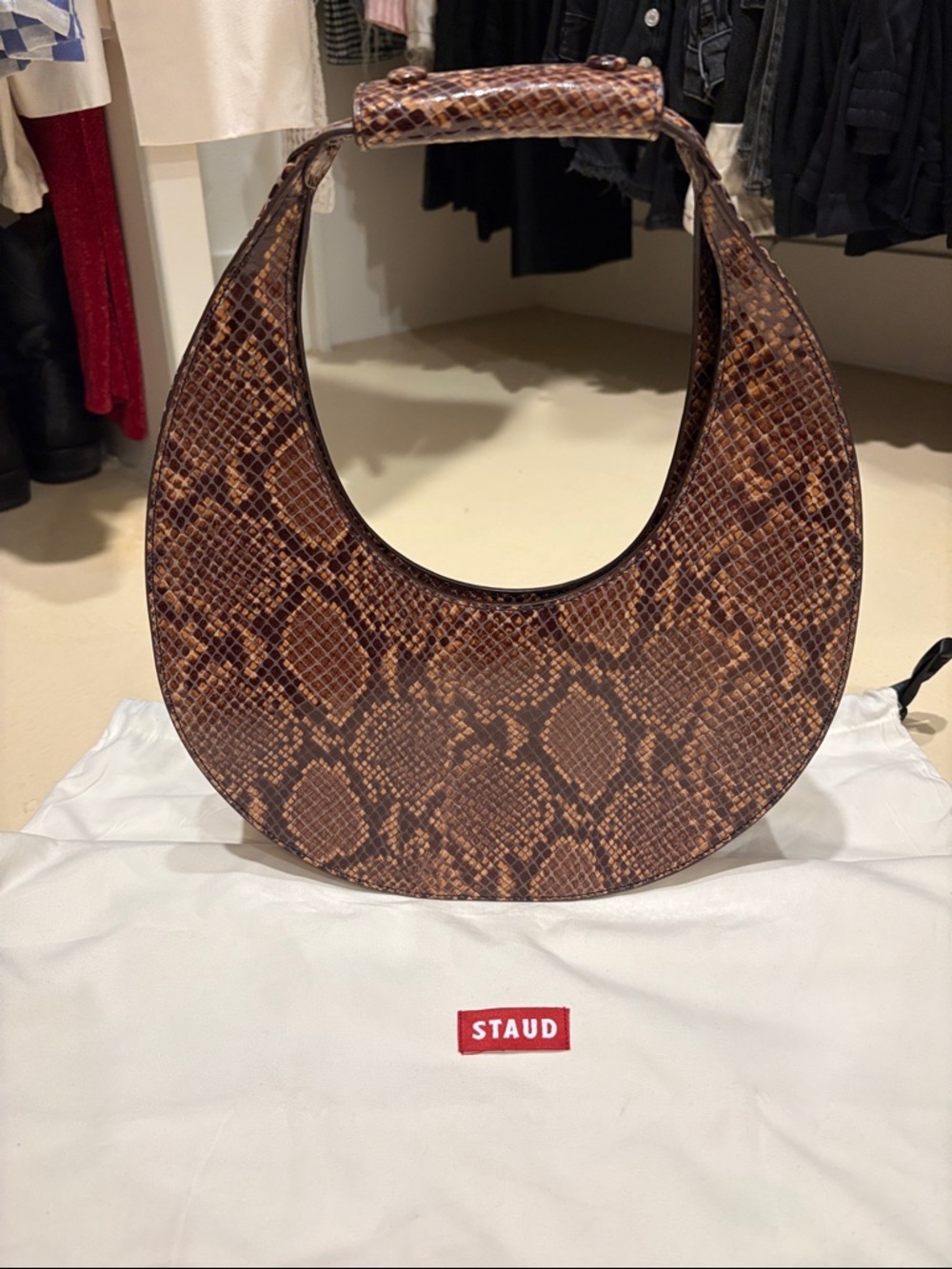 STAUD Large Brown Snake-Print Moon Bag